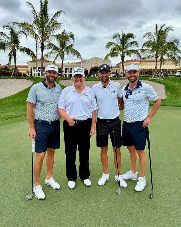 L to R: Pro golfer Dustin Johnson, President-elect Donald Trump, Collin Yost, Austin Johnson