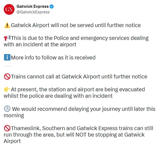 Gatwick Express is running services but they will not stop at the station 'until further notice'