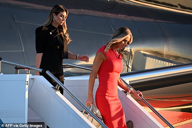 Habba deplanes with then-RNC Chairwoman and Trump's daughter-in-law Lara Trump at the Philadelphia International Airport in Pennsylvania on September 10