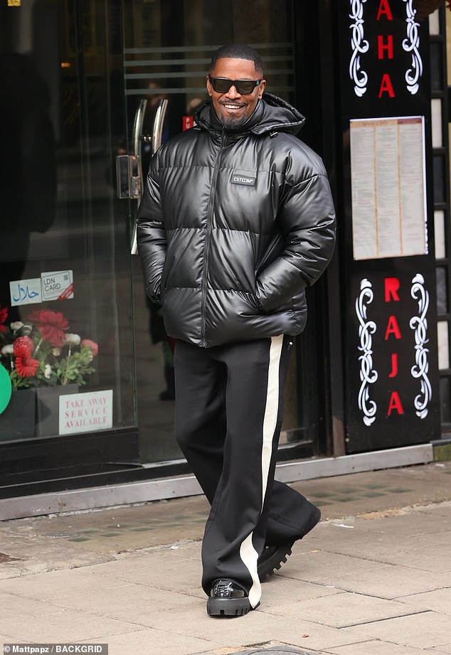 The American actor later threw on an Esteem puffer jacket as he battled against the cold British weather