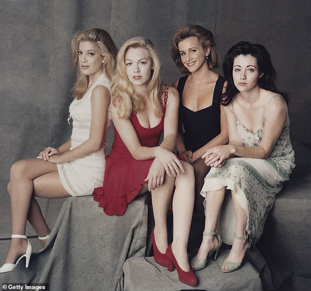 During the podcast, Spelling boasted that she 'kissed many' of her 'female costars from 90210' (pictured with Jennie Garth, Gabrielle Carteris, and Shannen Doherty in 1990)