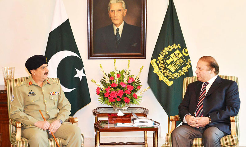 Lt Gen Raheel Sharif in a meeting with Prime Minister Nawaz Sharif at the PM House in Islamabad, Nov 26, 2013.—APP Photo