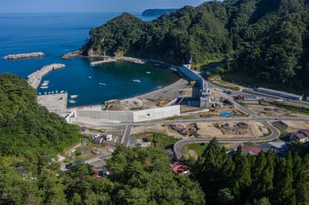 Aerial view of work continuing on a seawall in Tanohata Bay near Miyako in Japan, one of the towns hit by the 2011 Tohoku earthquake and tsunami.