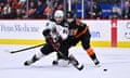 Arizona Coyotes center Adam Ruzicka (83) battles for the puck against Philadelphia Flyers left wing Joel Farabee (86) of the first period of game this month at Wells Fargo Center.