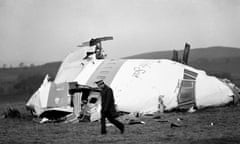 The wrecked nose section of the Pan Am flight 103 in a field in Lockerbie.
