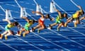 Competitors race from the starting blocks in the men's 100m heats. Athletics at Alexander Stadium in Birmingham on 3 August 2022. Commonwealth Games Day 6. PHOTO BY JONNY WEEKS WWW.JONNYWEEKS.CO.UK JONNYWEEKSPHOTOGRAPHY@GMAIL.COM +44(0)7709345104