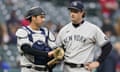 Gerrit Cole,Kyle Higashioka<br>New York Yankees starting pitcher Gerrit Cole, right, talks with catcher Kyle Higashioka during a review on a play in the fourth inning of a baseball game against the Cleveland Indians, Saturday, April 24, 2021, in Cleveland. (AP Photo/Tony Dejak)