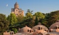 The red-brick domes of sulphur baths and Metekhi church in Tbilisi, Georgia.