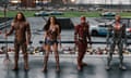 This image released by Warner Bros. Pictures shows Jason Momoa, from left, Gal Gadot, Ezra Miller and Ray Fisher in a scene from "Justice League." (Warner Bros. Entertainment Inc. via AP)