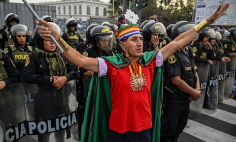 People protest against the government of Peruvian pesident Dina Boluarte in Lima on Tuesday.