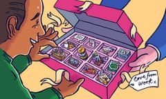 Illustration shows a happy worker opening a gift to find miniature models indicating a good workplace