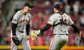 San Francisco Giants Blake Snell, left, celebrates after throwing a no-hitter against the Cincinnati Reds. 