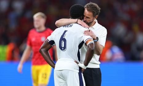 Gareth Southgate consoles Marc Guéhi of England after the Euro 2024 final between Spain and England.