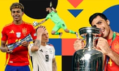 Spain’s Lamine Yamal holds the trophy of 'best young player of the tournament', Toni Kroos looks dejected after Germany’s quarter-final defeat, Georgia’s keeper Giorgi Mamardashvili impressed, Rodri of Spain poses with the Henri Delaunay Trophy.