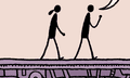 illustration of two characters walking along the top of a machine