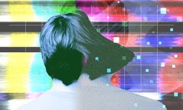 Composite illustration of hair and back in front of multi-colored background