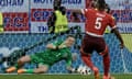 Jordan Pickford makes a save from Switzerland's Manuel Akanji in the penalty shootout