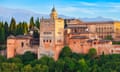 The Alhambra aerial panoramic view in Granada, Spain<br>The Alhambra aerial panoramic view. The Alhambra is a fortress complex located in Granada city, Andalusia region in Spain.