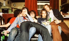 The Strokes<br>Portrait of The Strokes backstage at The Fillmore, San Francisco, California, USA on 16th October 2001, L-R Fabrizio Moretti, Albert Hammond Jr, Nick Valensi, Julian Casablancas and Nikolai Fraiture. (Photo by Anthony PIdgeon/Redferns)