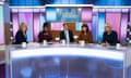 Rishi Sunak sitting in the centre of the illuminated and curved presenters' desk on Loose Women, surrounded by the four presenters