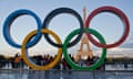 Olympic rings in front of the Eiffel Tower