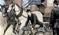 A police constable looks on as a cyclist rides alongside a horse bus (omnibus), London 1895. Illustration for Cycling, Badmington Library, London, 1895. Artist Stephen T Dadd.