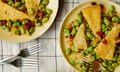 Jose Pizarro's broad beans with chorizo and crisp fried manchego.