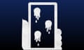 A single color illustration of a hand holding a mobile phone, its screen covered with three dripping blobs.