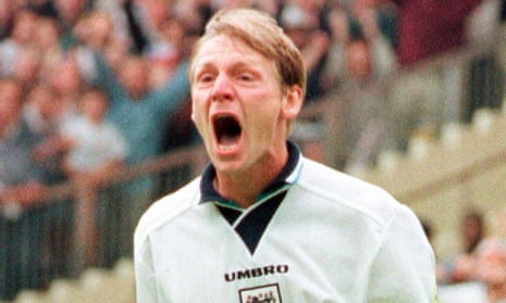 Stuart Pearce celebrates after scoring his penalty in a shootout against Spain which England won 4-2 during their European Championships quarter-final match at Wembley Stadium on June 22, 1996. 