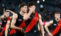 Essendon’s Jye Caldwell walks off Marvel Stadium after the Bombers’ dismal 53-point loss to St Kilda in Rd 20.