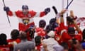 Florida Panthers fans celebrate their team’s decisive goal in the second period