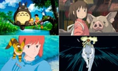 a composite of four images from My Neighbour Totoro; Spirited Away; Mononoke and Nausicaa of the Valley of the Wind.