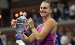 Aryna Sabalenka celebrates with the trophy after beating Jessica Pegula in the US Open women’s singles final.