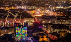 An aerial shot of Lyon during its spectacular light festival celebrating its patron saint, the Virgin Mary, from 2013.