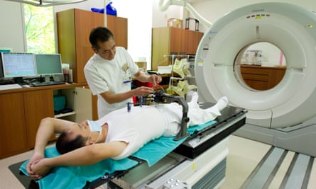 Radiation specialist and patient at Yamanashi University Hospital in Chuo city, Japan