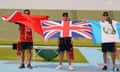 Nathan Hales of Team GB celebrates after victory in  the men’s trap final at Chateauroux Shooting Centre