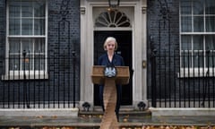 Liz Truss at a podium in Downing Street announces her resignation, 20 October 2022