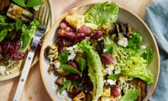 Tamal Ray's grilled aubergine salad with curly leaf lettuce, croutons, roasted grapes, feta, croutons and a balsamic dressing.