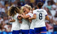 TOPSHOT-FBL-OLY-PARIS-2024-AUS-USA<br>TOPSHOT - US' midfielder #03 Korbin Albert celebrates with teammates after scoring her team's second goal during the women's group B football match between Australia and the USA of the Paris 2024 Olympic Games at the Marseille Stadium in Marseille on July 31, 2024. (Photo by Pascal GUYOT / AFP) (Photo by PASCAL GUYOT/AFP via Getty Images)