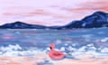 A painted illustration of a lonely pink flamingo pool float washed up on the shore of a beach with pink sand, blue mountains, and a pink-and-blue speckled sky