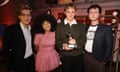 Originality and innovation … (L-R) Nicholas Eden, Lily Fontaine, Douglas Frost and Lewis Whiting of English Teacher after winning the Mercury prize at Abbey Road Studios, London, 5 September 2024