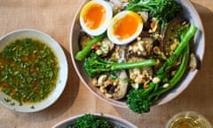 Rukmini Iyer's black bean and ginger roasted aubergines with chilli-lime peanuts and rice.