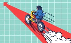 Illustration by Dominic McKenzie showing a woman on a motorbike, bearing a pound symbol, roaring forward along a red arrow