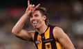 Connor Macdonald celebrates kicking a goal for Hawthorn at the MCG