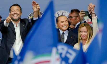 From left, Matteo Salvini, Silvio Berlusconi and Giorgia Meloniat an election rally 