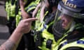 Police clash with right wing protesters in Piccadilly Gardens on 3 August in Manchester.