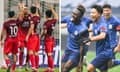 Shanghai Port (left) celebrate a 6-0 drubbing of Shenzhen Peng and (right) Shanghai Shenhua’s Cephas Malele wheels away after scoring against Port in the Super Cup