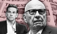 Cutouts of Lachlan and Rupert Murdoch against a background of newspapers.