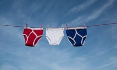 Red, white and blue retro Y-front underpants on a washing line against a blue sky