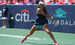 Emma Raducanu takes on a backhand before losing against Paula Badosa before losing in three sets in Washington.